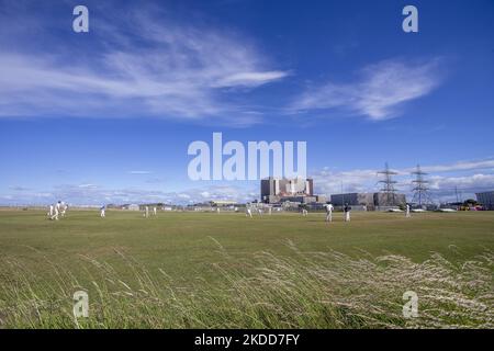 General views of Hartlepool Power Station Cricket Club's ground which is situated in the shadow of the Nuclear Power Station of the same name on Tees Road, Hartlepool which is due to be decommissioned from 2024. The cricket club play in the Langbaurgh League a cricket league for amateur clubs in Teesside and North Yorkshire. Stock Photo