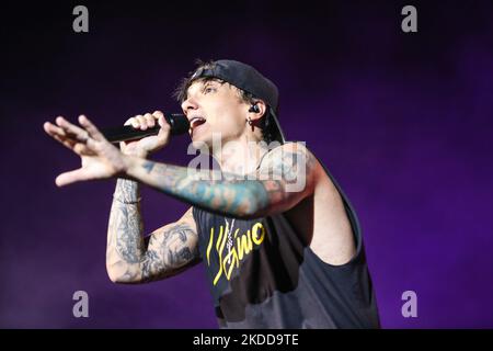 Ultimo performs on stage at Stadio Adriatico - Pescara during the Italian singer Music Concert Ultimo - Stadi 2022 on July 07, 2022 at the Stadio Adriatico in Pescara, Italy (Photo by Davide Di Lalla/LiveMedia/NurPhoto) Stock Photo