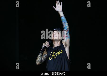 Ultimo performs on stage at Stadio Adriatico - Pescara during the Italian singer Music Concert Ultimo - Stadi 2022 on July 07, 2022 at the Stadio Adriatico in Pescara, Italy (Photo by Davide Di Lalla/LiveMedia/NurPhoto) Stock Photo