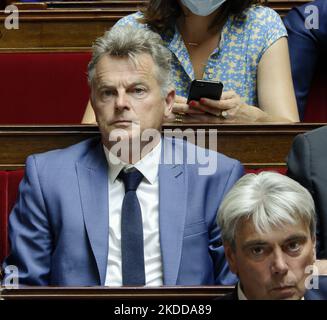 French Communist Party (PCF) National Secretary and Member of Parliament Fabien Roussel (L) and French Communist Party Member of Parliament Sebastien Jumel (R) attend at the speech of French Prime Minister Elisabeth Borne which gives a talk for her 'general political declaration' to MPs to the new legislative session at The National Assembly - July 6, 2022, Paris (Photo by Daniel Pier/NurPhoto) Stock Photo