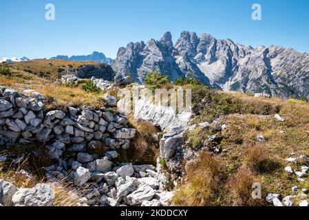 Remains of military trenches on Mount Piano in the Dolomite Alps, built during the First World War, South Tirol Stock Photo