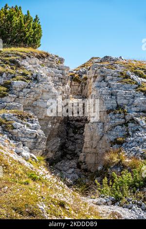 Remains of military trenches on Mount Piano in the Dolomite Alps, built during the First World War, South Tirol Stock Photo