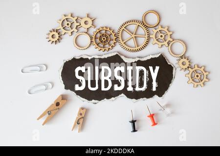 Blank sheet, pen and crumpled paper balls on grey table, flat lay. Text SUBSIDY. Stock Photo