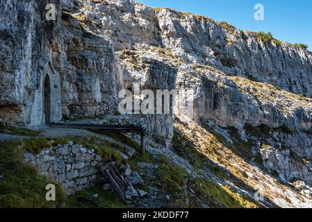 Remains of military tunnel on Mount Piano in the Dolomite Alps, built during the First World War, South Tirol Stock Photo