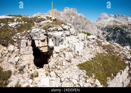 Remains of a military bunker on Mount Piano in the Dolomite Alps, built during the First World War, South Tirol Stock Photo