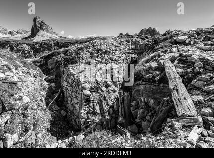 Remains of military trenches on Mount Piano in the Dolomite Alps, built during the First World War, South Tirol Stock Photo