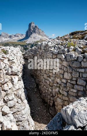 Remains of military trenches on Mount Piano in the Dolomite Alps, built during the First World War, South Tirol Stock Photo