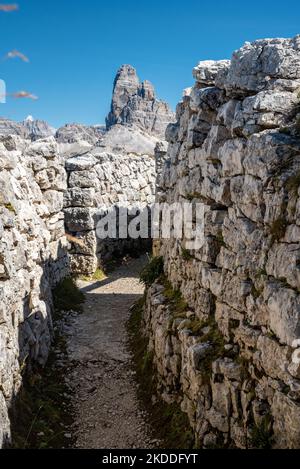 Remains of military trenches on Mount Piano in the Dolomite Alps, built during the First World War, South Tirol Stock Photo