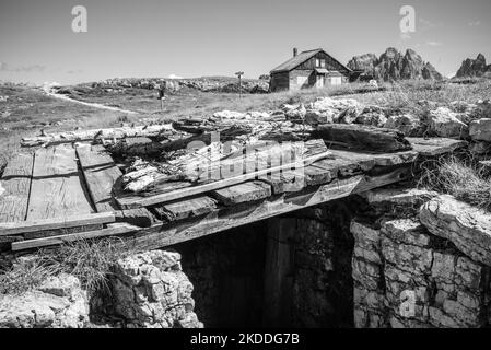 Remains of a military shelter on Mount Piano in the Dolomite Alps, built during the First World War, South Tirol Stock Photo