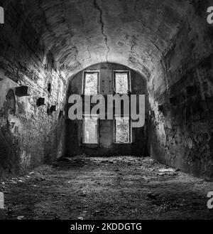 Inside the Austrian fortress Landro in the Dolomite Alps of South Tirol, an architectural remain of the border disputes between Austria and Italy Stock Photo