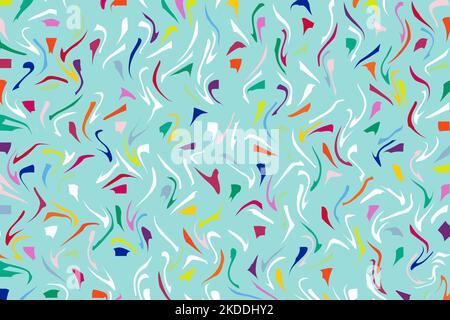 Wrapping paper design of red blue white yellow confetti shapes swirling down Stock Photo