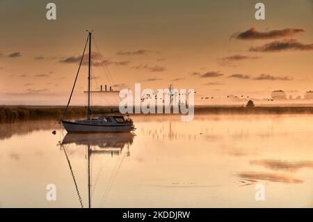 boat scenery on a foggy morning at baltic sea near Peenemuende Stock Photo