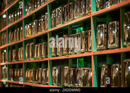 Old retro CRT TVs all over the wall Stock Photo