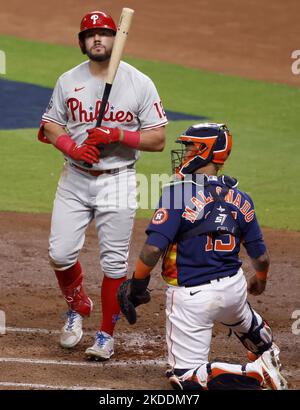 Houston, United States. 05th Nov, 2022. Philadelphia Phillies' Kyle Schwarber (12) strikes out as Houston Astros catcher Martin Maldonado (15) fields the pitch in the third inning during game six of the 2022 World Series at Minute Maid Park in Houston on Saturday, November 5, 2022. Photo by John Angelillo/UPI. Credit: UPI/Alamy Live News Stock Photo