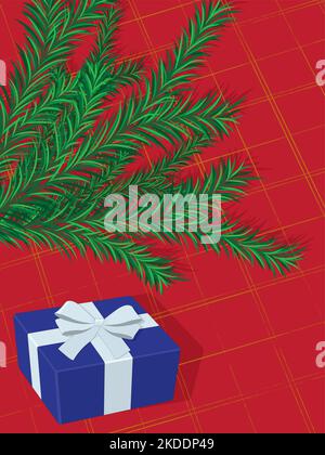 Christmas and new year themed background, fir tree branch and gift box on cosy red plaid vector illustration Stock Vector