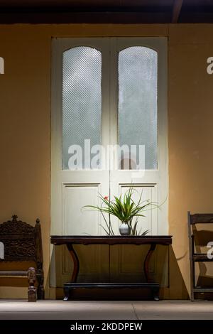Interior cypress wood windows in vintage european style Stock Photo