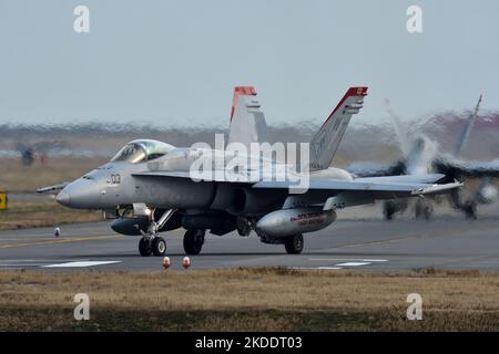 Yamaguchi Prefecture, Japan - March 23, 2017: United States Marine Corps (USMC) Boeing F/A-18C Hornet taxiing for takeoff. Stock Photo