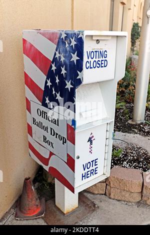 Official Ballot Drop Box stating voting closed outside the Archuleta County Courthouse on San Juan Street in Pagosa Springs, Colorado. Stock Photo