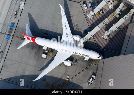 Qantas Airways Boeing 787 aircraft. Aerial view of Qantas Dreamliner airplane 787-9 VH-ZNC. Stock Photo