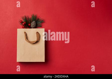 a christmas tree in a paper bag on a red background with copy space for your message or advertment Stock Photo