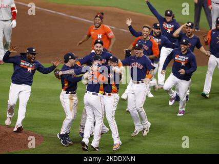 Houston, United States. 05th Nov, 2022. The Houston Astros celebrate after defeating the Philadelphia Phillies 4-1 during game six of the 2022 World Series at Minute Maid Park in Houston on Saturday, November 5, 2022. Photo by John Angelillo/UPI. Credit: UPI/Alamy Live News Stock Photo