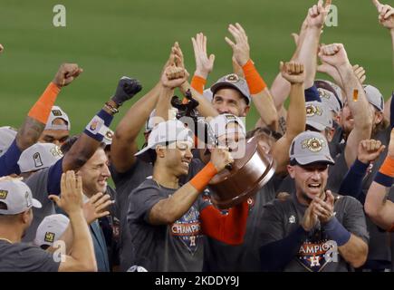 Houston, United States. 05th Nov, 2022. Houston Astros shortstop Jeremy Pena (3) celebrates the Most Valubale Player award after defeating the Philadelphia Phillies 4-1 during game six of the 2022 World Series at Minute Maid Park in Houston on Saturday, November 5, 2022. Photo by John Angelillo/UPI. Credit: UPI/Alamy Live News Stock Photo