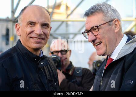 Rome, Italy. 05th Nov, 2022. Enrico Letta (L), leader of the Democratic Party, and Maurizio Landini (R), secretary of the CGIL trade union (The Italian General Confederation of Labour), attend the national demonstration for peace organized by Italian civil society associations together with the Europe for Peace coalition, in solidarity with the Ukrainian people and the victims of all wars. Credit: SOPA Images Limited/Alamy Live News Stock Photo