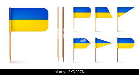 Realistic various Ukrainian toothpick flags. Souvenir from Ukraine. Wooden toothpicks with paper flag. Location mark, map pointer. Blank mockup for Stock Vector