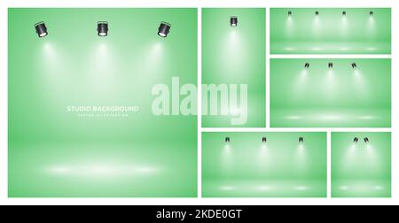 Empty green studio abstract backgrounds with spotlights. Product showcase backdrop with spotlight effect. Stage lighting. Vector illustration Stock Vector