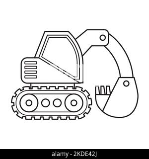 Vector coloring book illustration of excavator, heavy construction equipment in cartoon style. Vector icon, logo, excavation and construction Stock Vector