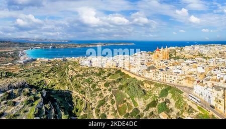 Landscape with Mellieha town and bay, Malta country Stock Photo