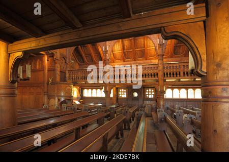 Interior photograph of the Gustav-Adolf-Stabkirche built in 1908 in Hahnenklee, wooden church, wooden construction, Harz Mountains, Lower Saxony Stock Photo