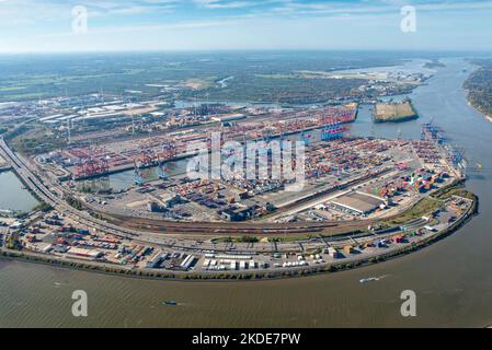 Aerial view ofContainer Terminal Hamburg, Eurogate Container Terminal Hamburg GmbH, HHLA Container Terminal Burchardkai GmbH, Burchardkai, container Stock Photo