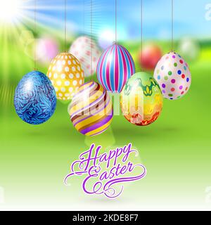 Eggs with Different Ornaments Hanging on a String on Green Stock Vector