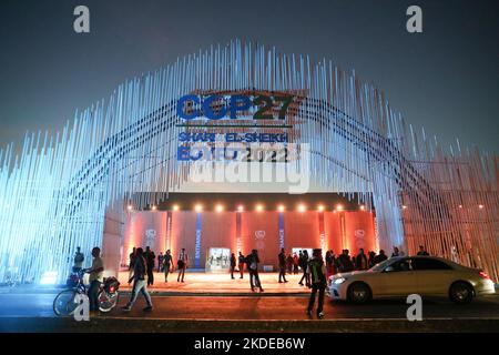 Sharm El Sheikh. 6th Nov, 2022. This photo shows an entrance to the media registration area of the 27th Conference of the Parties of the United Nations Framework Convention on Climate Change (COP27) in Sharm El-Sheikh, Egypt, Nov. 5, 2022. The COP27 is to be held from Nov. 6 to18 in Egypt's resort city of Sharm El-Sheikh. Credit: Sui Xiankai/Xinhua/Alamy Live News Stock Photo