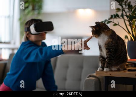 Young woman in blue sweater tries to touch domestic cat with finger wearing VR glasses in room Stock Photo
