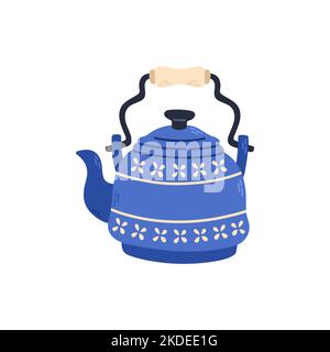 Blue teapot for tea with ornament. Stock design isolated on a white background for websites and apps Stock Vector