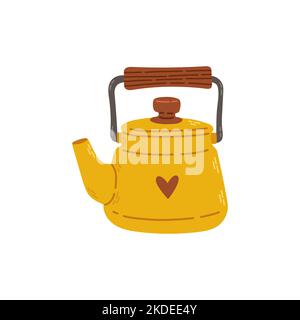 Yellow ceramic teapot for tea with heart. Stock design isolated on a white background for websites and apps Stock Vector