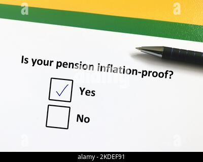 One person is answering question about inflation. He thinks his pension is inflation proof. Stock Photo