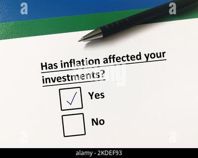 One person is answering question about inflation. He thinks inflation has affected his investment. Stock Photo