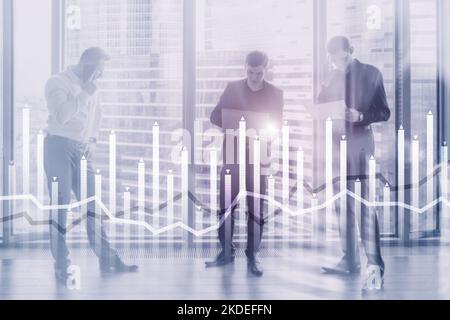 Bar graph on the background of a business center with a manager at the window Stock Photo