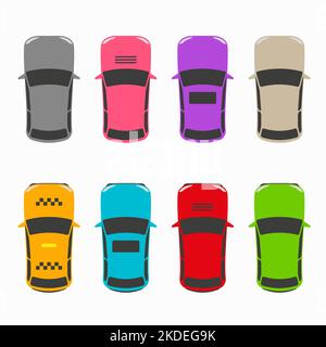 Hatchback passenger cars top view silhouette icon set. Flat vector illustration isolated on white background. Stock Vector