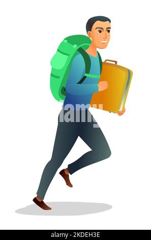 Tourist with backpack and suitcase. Runs in time. Goes on trip. Traveler on road. Isolated on white background. Vector. Stock Vector