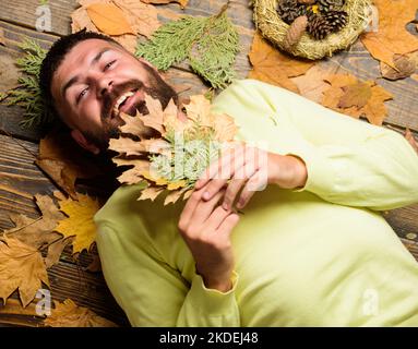 Hipster with beard enjoy season hold autumn dry leaves. Fall atmosphere attributes. Fall and autumn season concept. Man bearded smiling face lay on Stock Photo