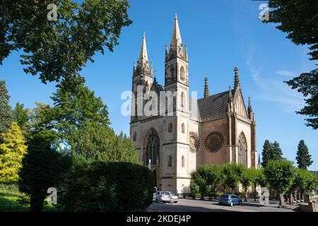 REMAGEN, GERMANY - SEPTEMBER 25, 2021: Panoramic image of Apollinaris church against blue sky on September 25, 2021 in Remagen, Germany Stock Photo