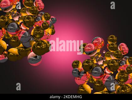 Abstract background with dynamic 3d spheres floating in space, pink and gold colors, modern trendy banner or poster design, volumetric geometric shape Stock Photo