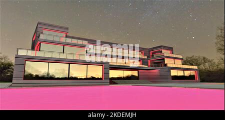 A pool of purple water on the estate, with the exterior illuminated in red on a deep, starry night in the southern hemisphere. 3d rendering. Stock Photo