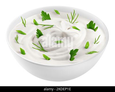 sour cream with onion, parsley, dill, herbs in bowl, isolated on white background, clipping path, full depth of field Stock Photo