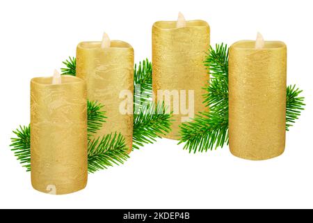 Four golden vintage LED real wax candles isolated on white background Stock Photo