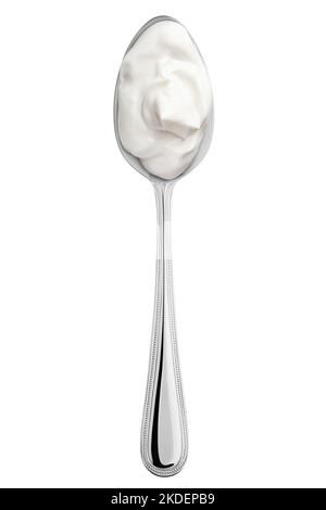 sour cream in spoon, mayonnaise, yogurt, isolated on white background, clipping path, full depth of field Stock Photo